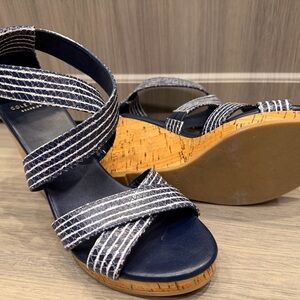 Size 6.5 Cole Haan Navy Striped Cork Wedge Sandals
